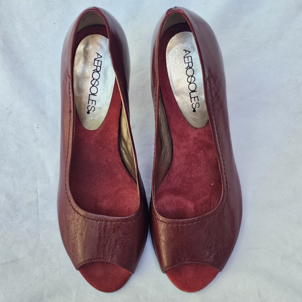 Aerosoles Red Leather Shoes Peep-Toe Heels Rockabilly Pinup Fall Autumn Size 7.5 - Picture 4 of 14